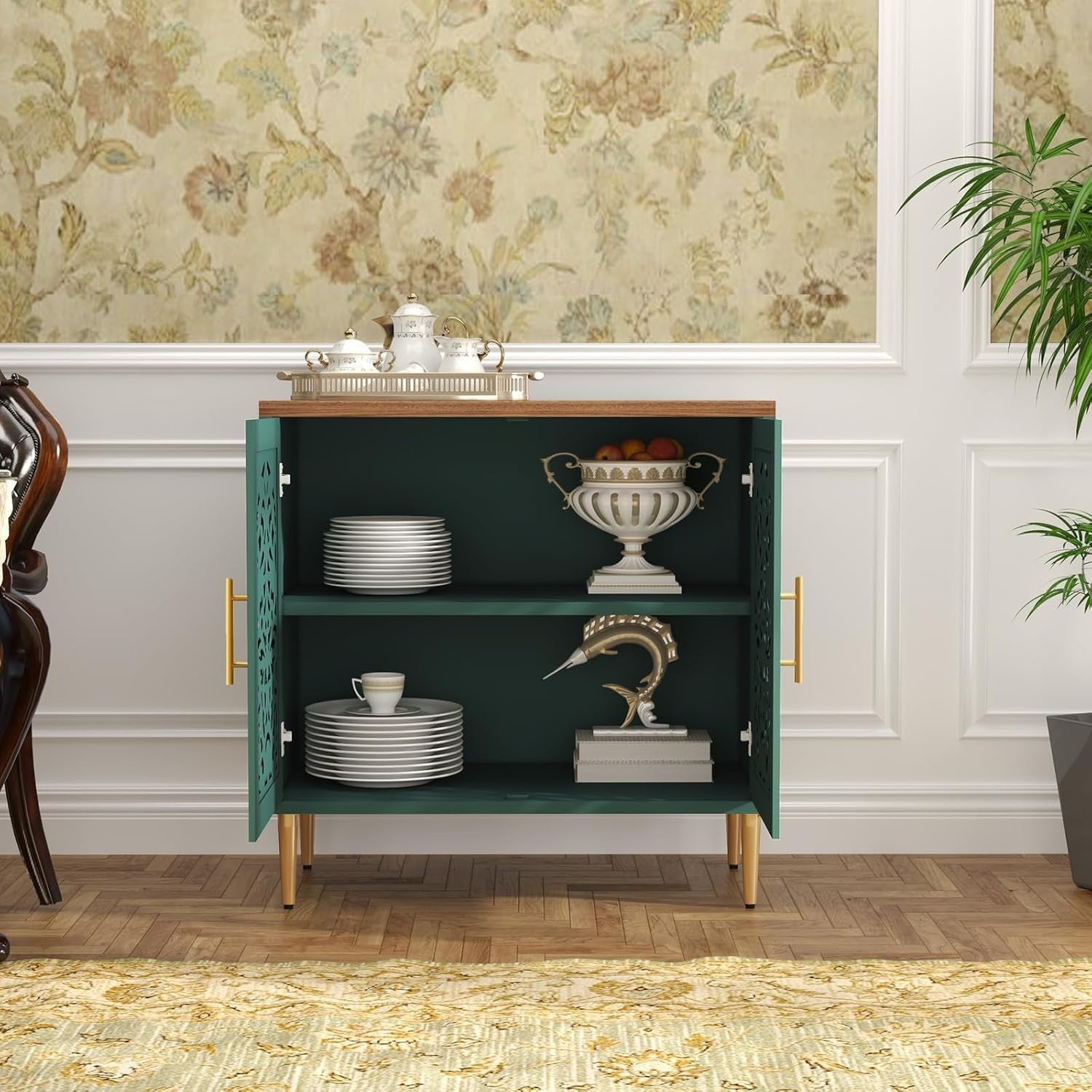 Green Vintage Sideboard Cabinet 2 Door Carved Storage Unit Hallway Accent