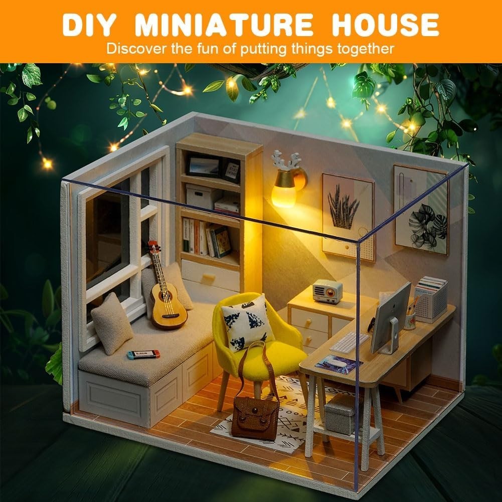 Miniature DIY Dollhouse Kit with LED Lights Furniture Decor Gift for Adults