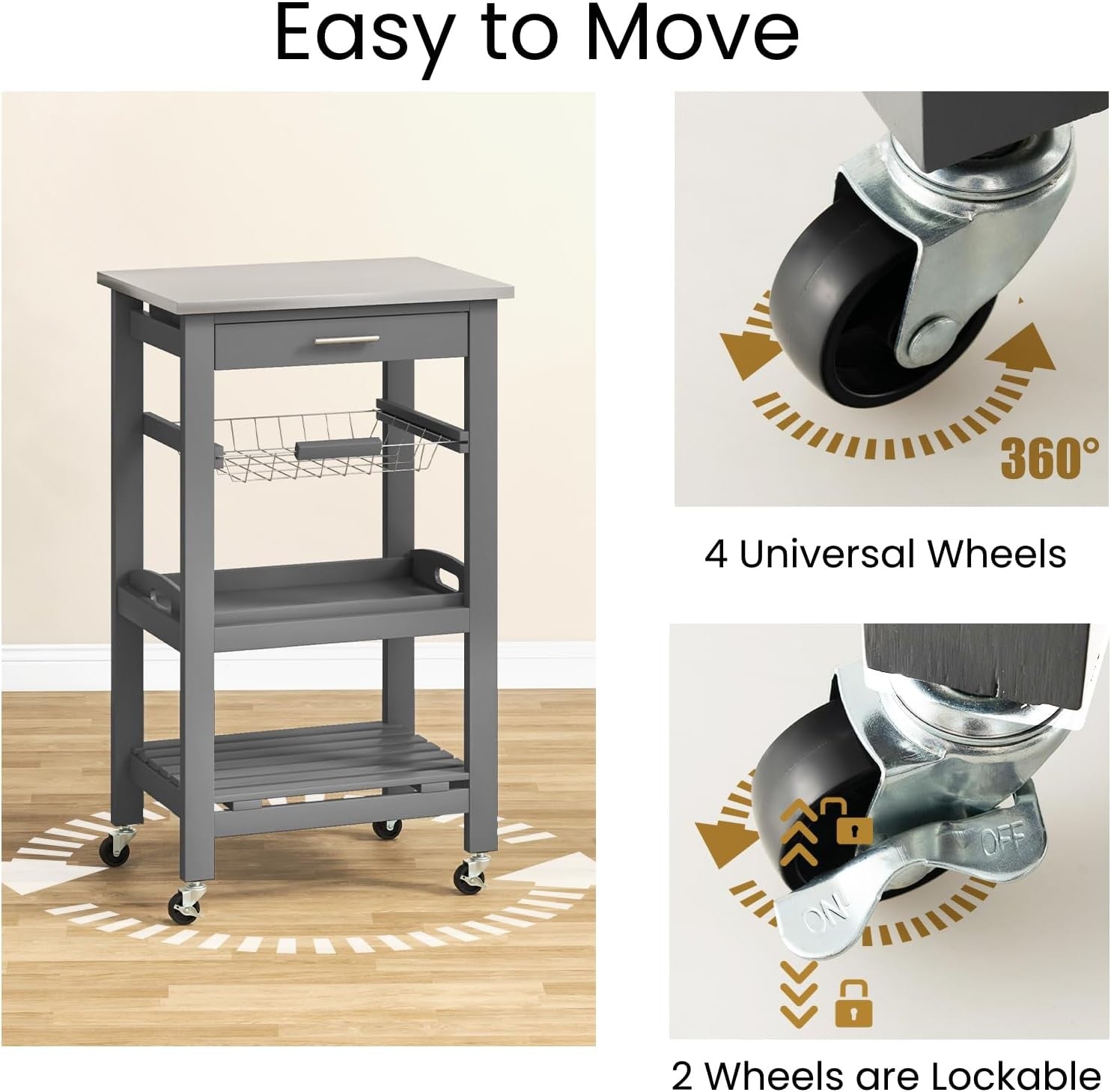 Kitchen Storage Trolley on Wheels with Drawer Wire Basket & 4 Tier Shelves