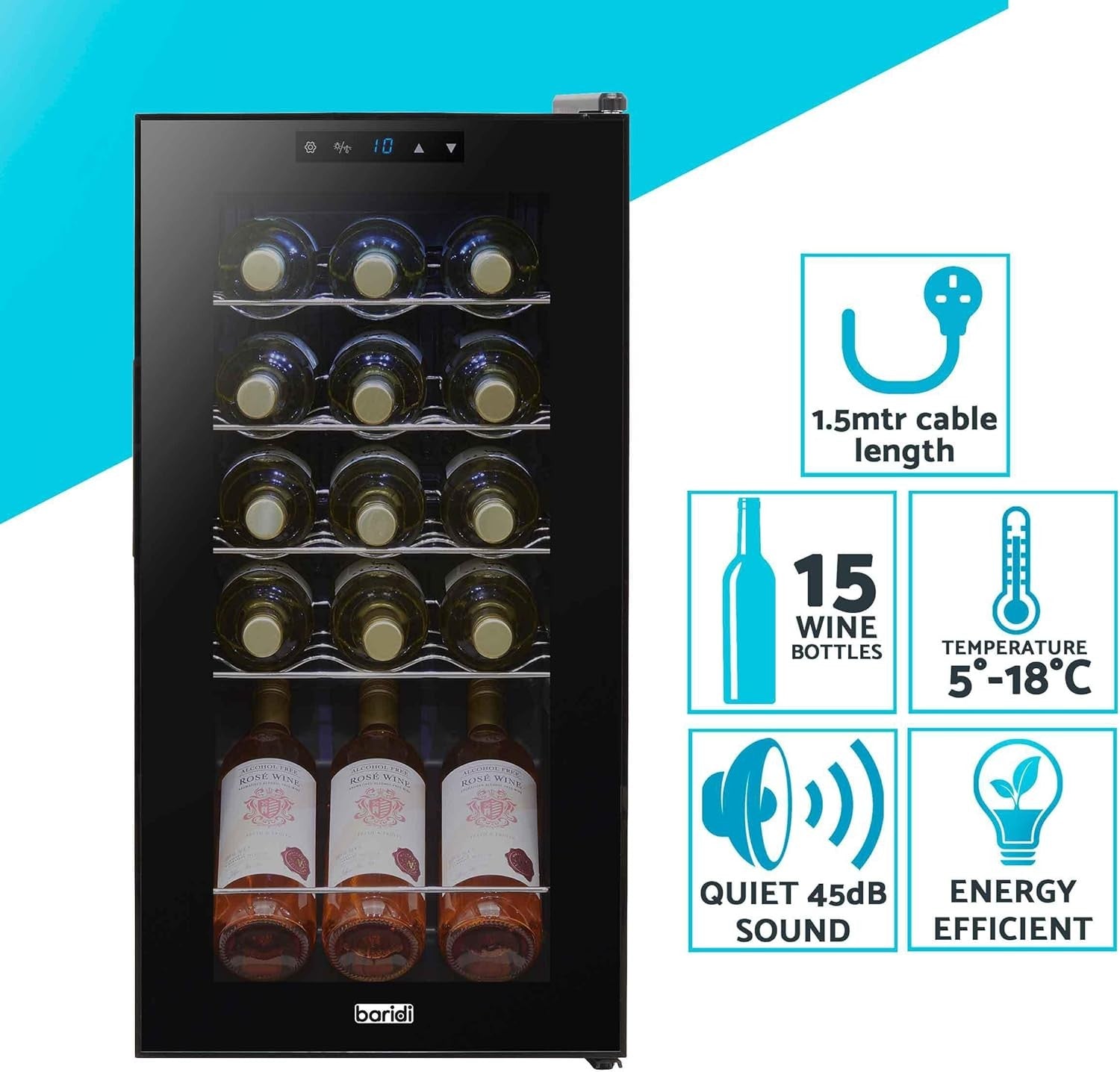 15 Bottle Wine Cooler Fridge Digital Touch Control LED Quiet Freestanding