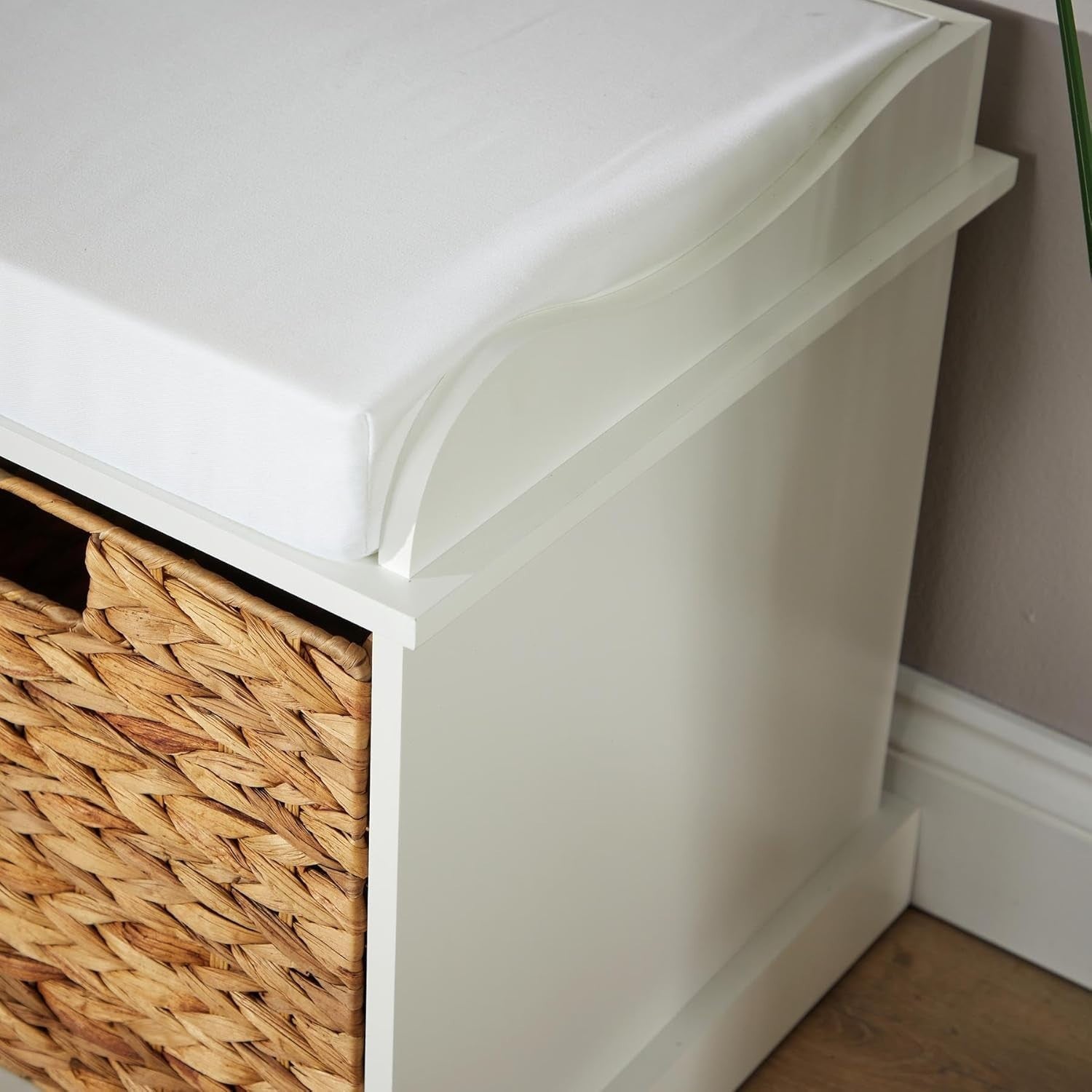 White Shoe Bench with Cushion & 2 Basket Drawers Hallway Storage 75x40x46cm