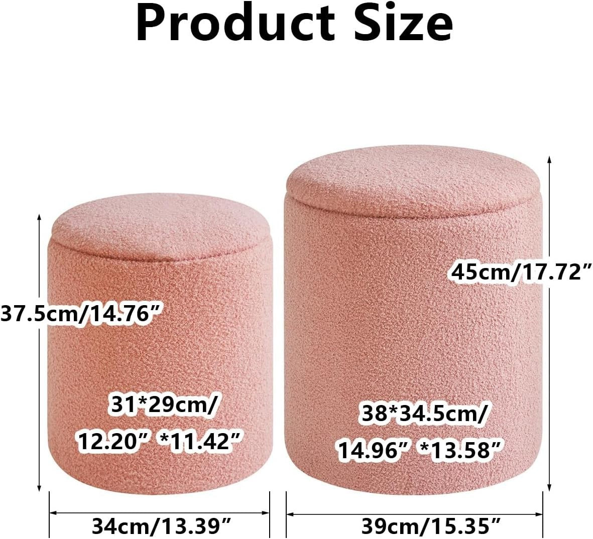 Set of 2 Round Storage Ottomans – Fleece Vanity Stools, Footrest & Side Tables