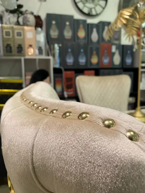 2x Mink Velvet Dining Chairs Gold Legs Ring Back Luxury Tufted Seat Pair