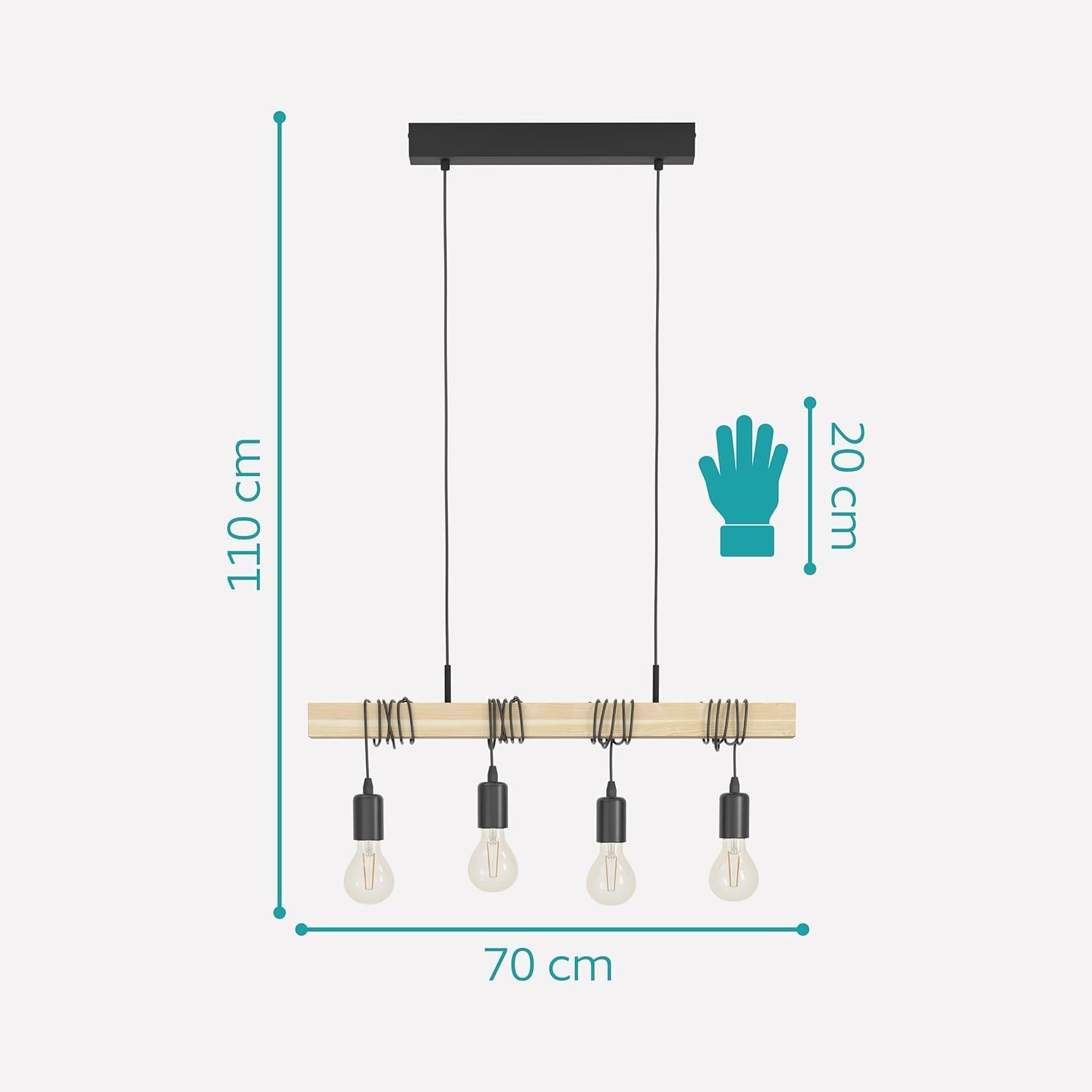 4 Light Industrial Pendant Ceiling Lamp Wood & Metal Vintage E27