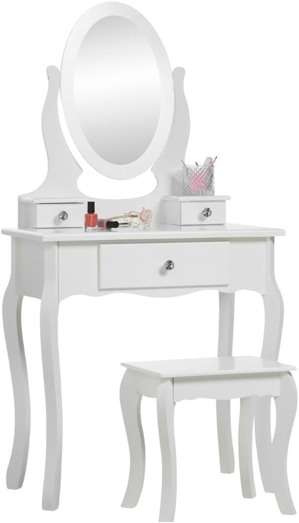 Kids White Wooden Dressing Table with Mirror & Stool Girls Vanity Set