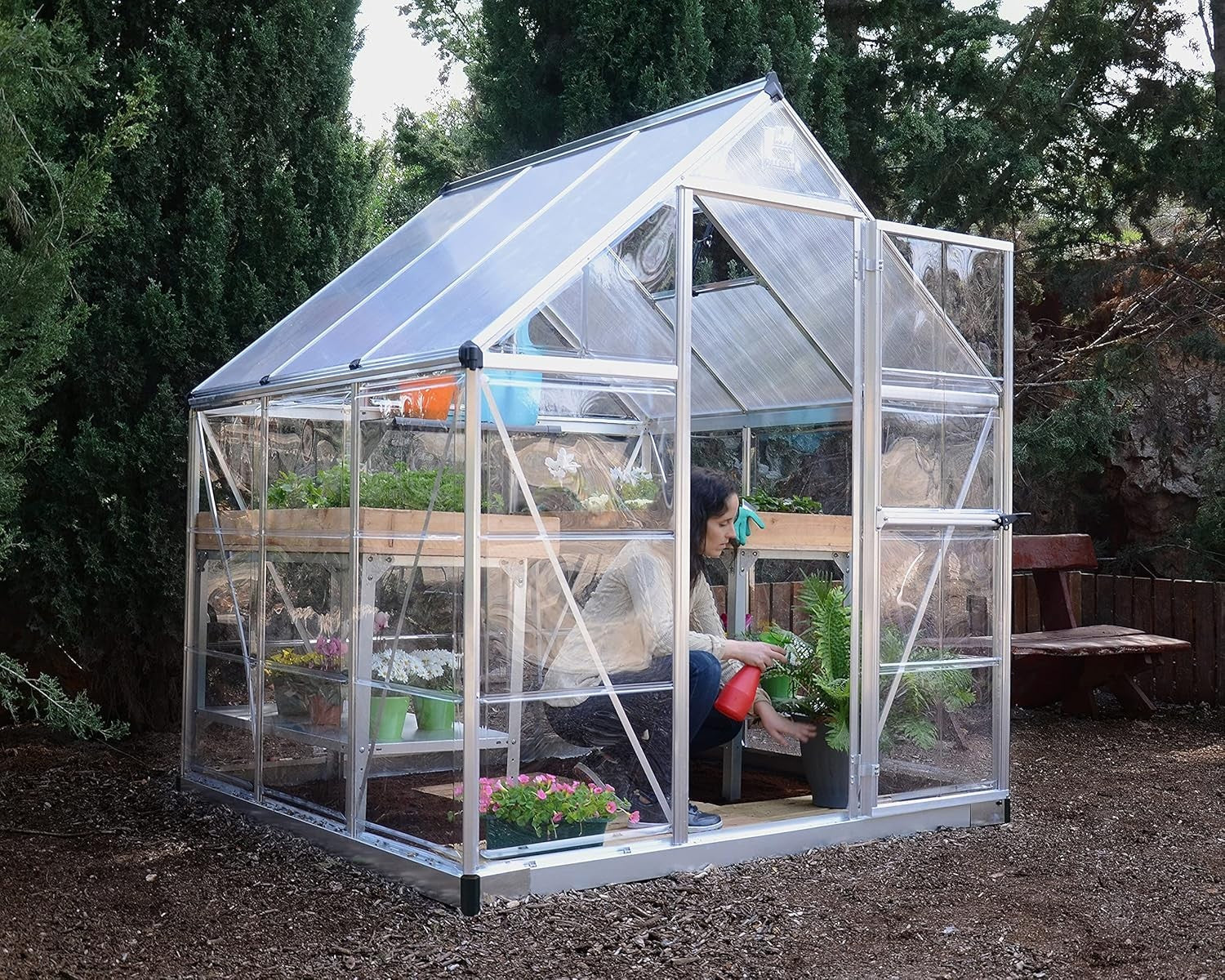 6x6ft Aluminium Greenhouse with Polycarbonate Panels & Lockable Door – Silver