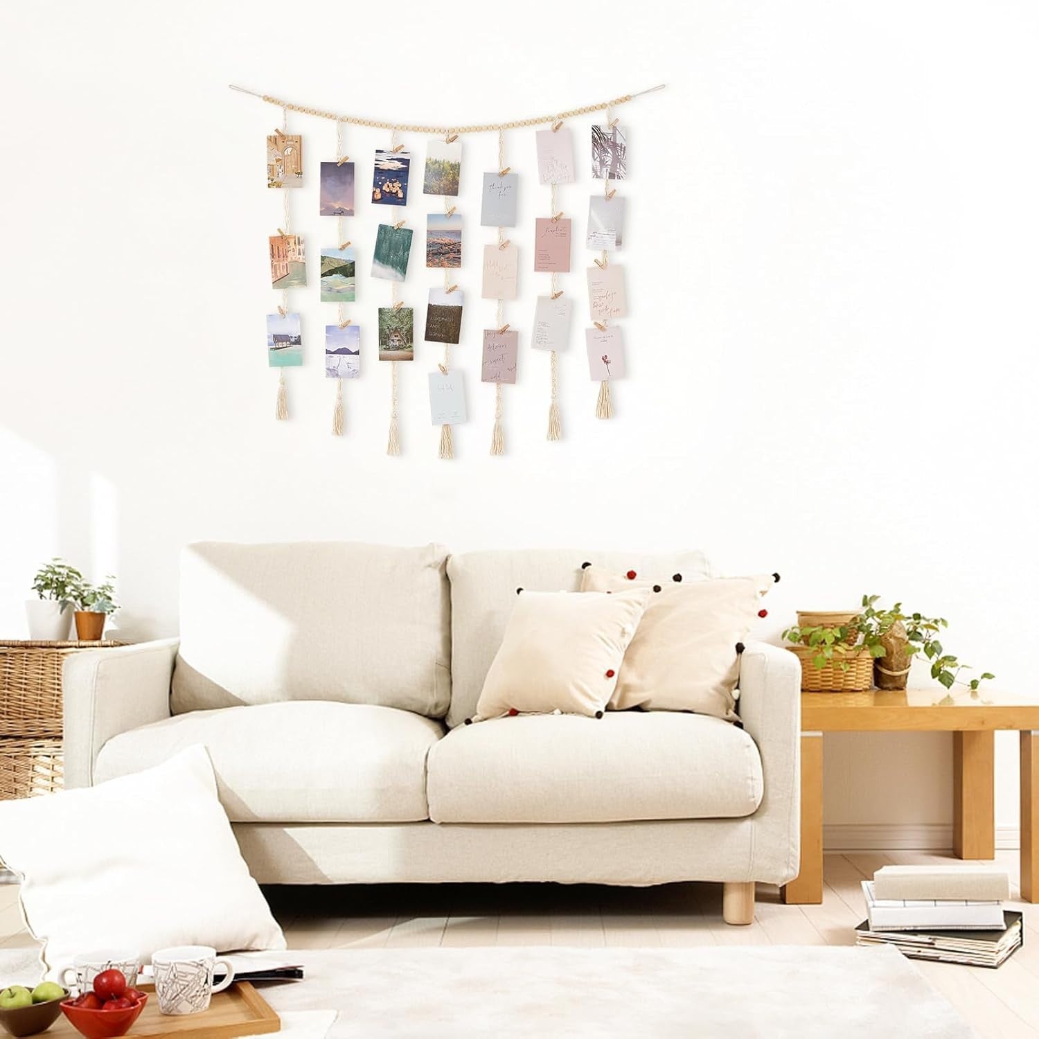 Boho Macrame Photo Display with 45 Clips – Wall Hanging Decor