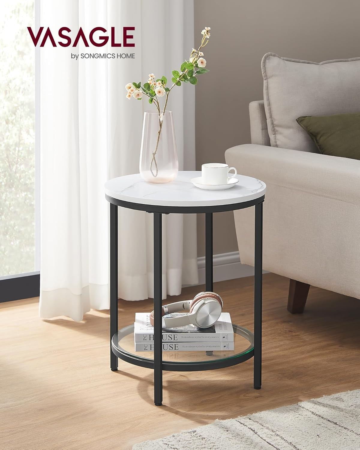 Modern Round Side Table with Glass Shelf, 2-Tier Bedside Coffee Table