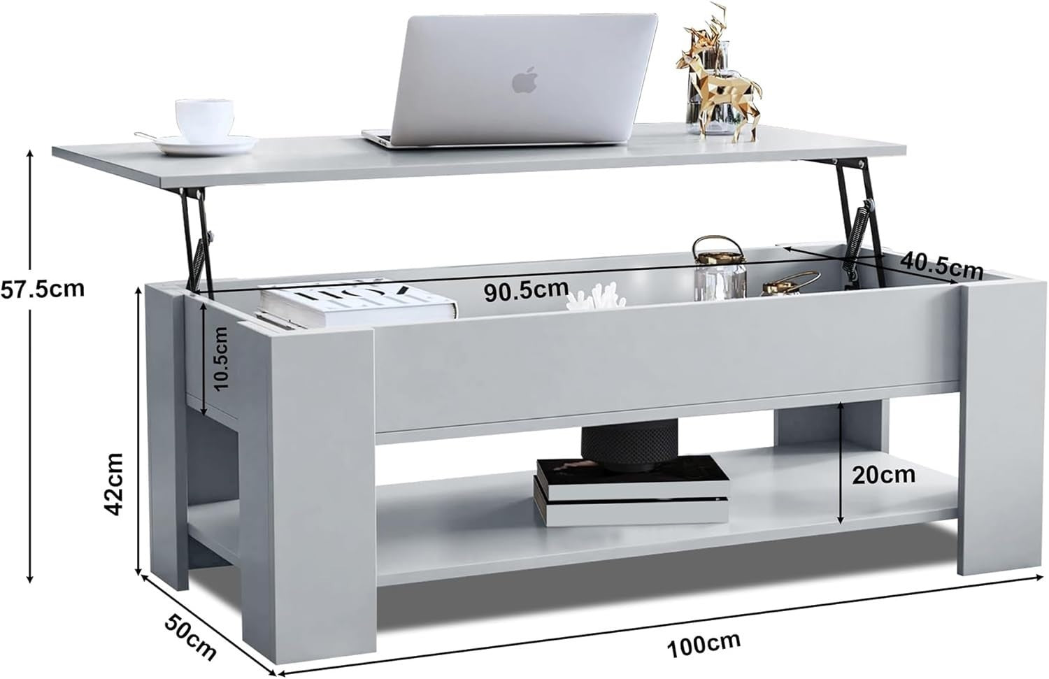 Lift Top Coffee Table with Hidden Storage – Grey Wooden Table 100x50cm