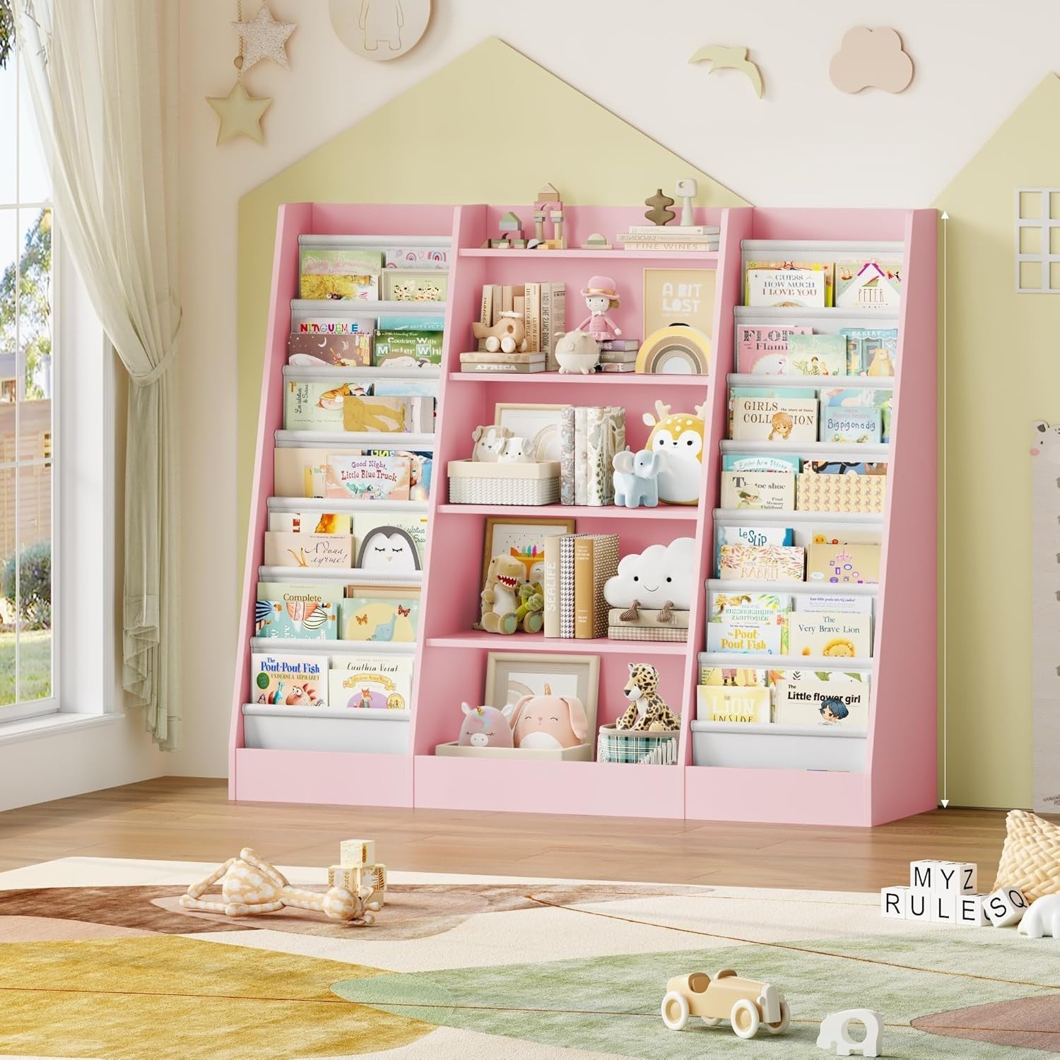 Kids Bookshelf Toy Storage Organizer with 14 Fabric Shelves & 5 Open Racks
