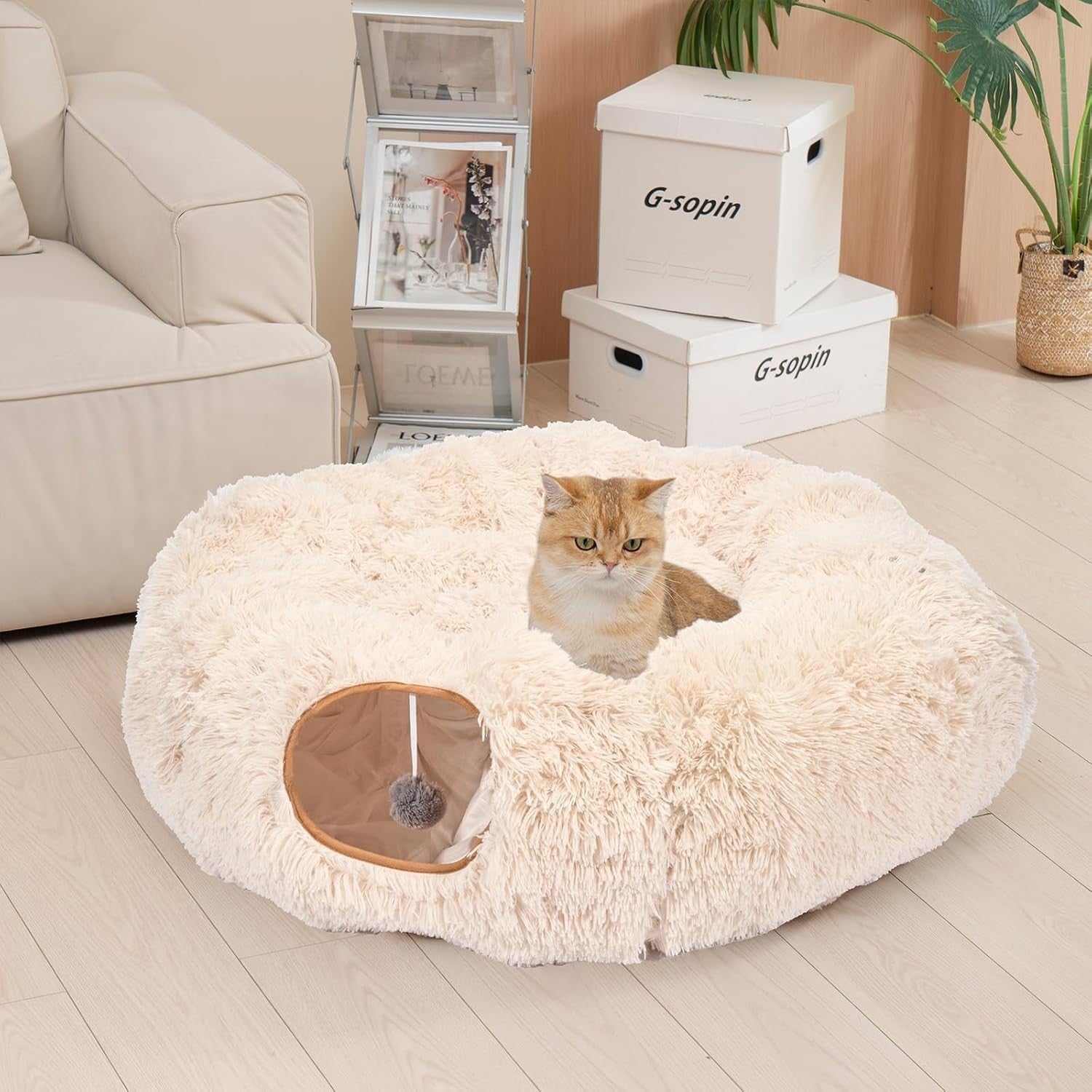Cat Tunnel Bed Plush Donut Play Tunnel Large Circle w Cushion Beige