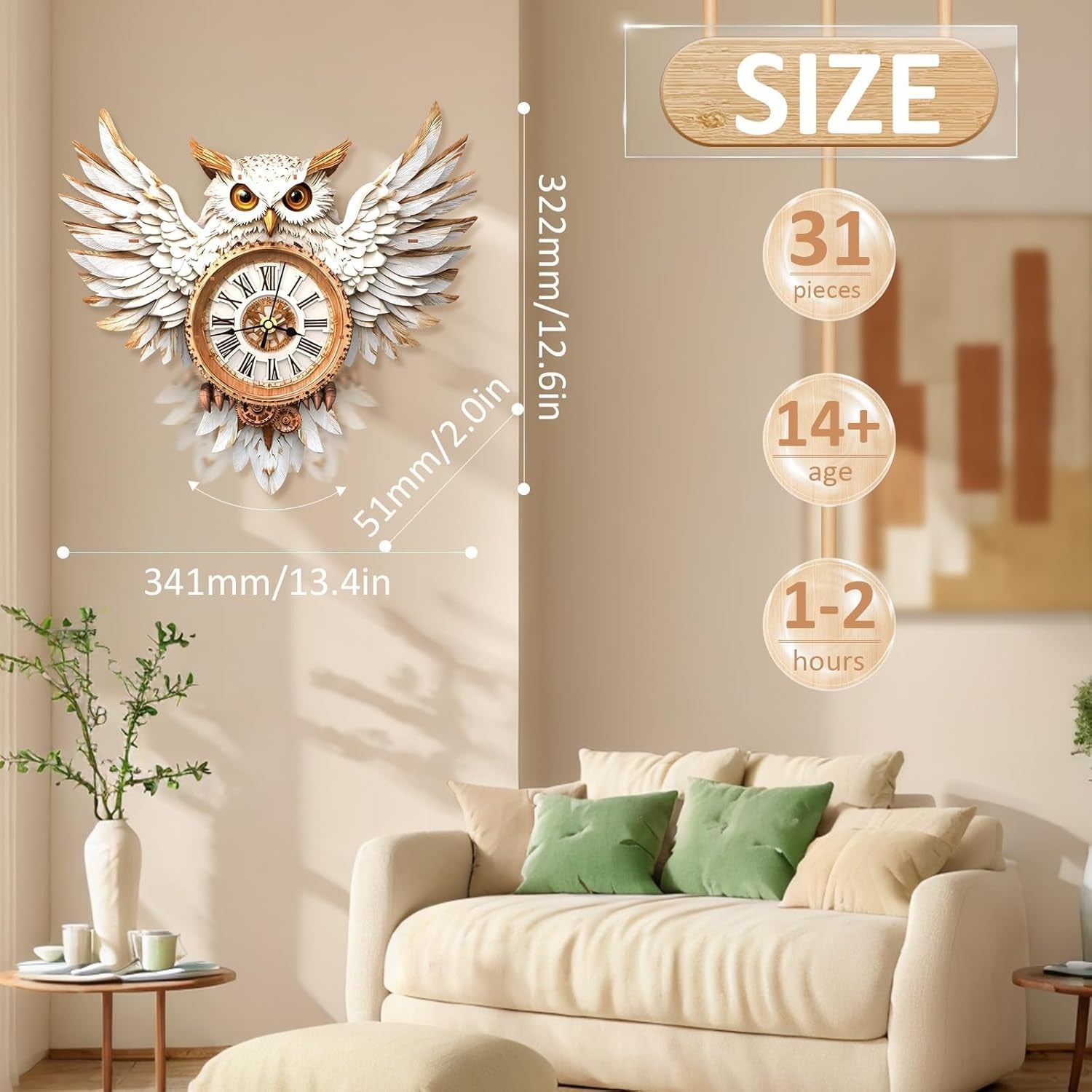 3D Wooden Snowy Owl Wall Clock Puzzle with Pendulum - DIY Home Decor Gift
