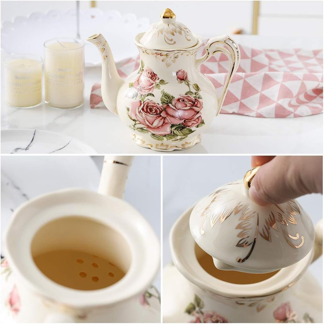 700ml Pink Rose Porcelain Teapot Vintage Floral Gold Trim Tea Pot