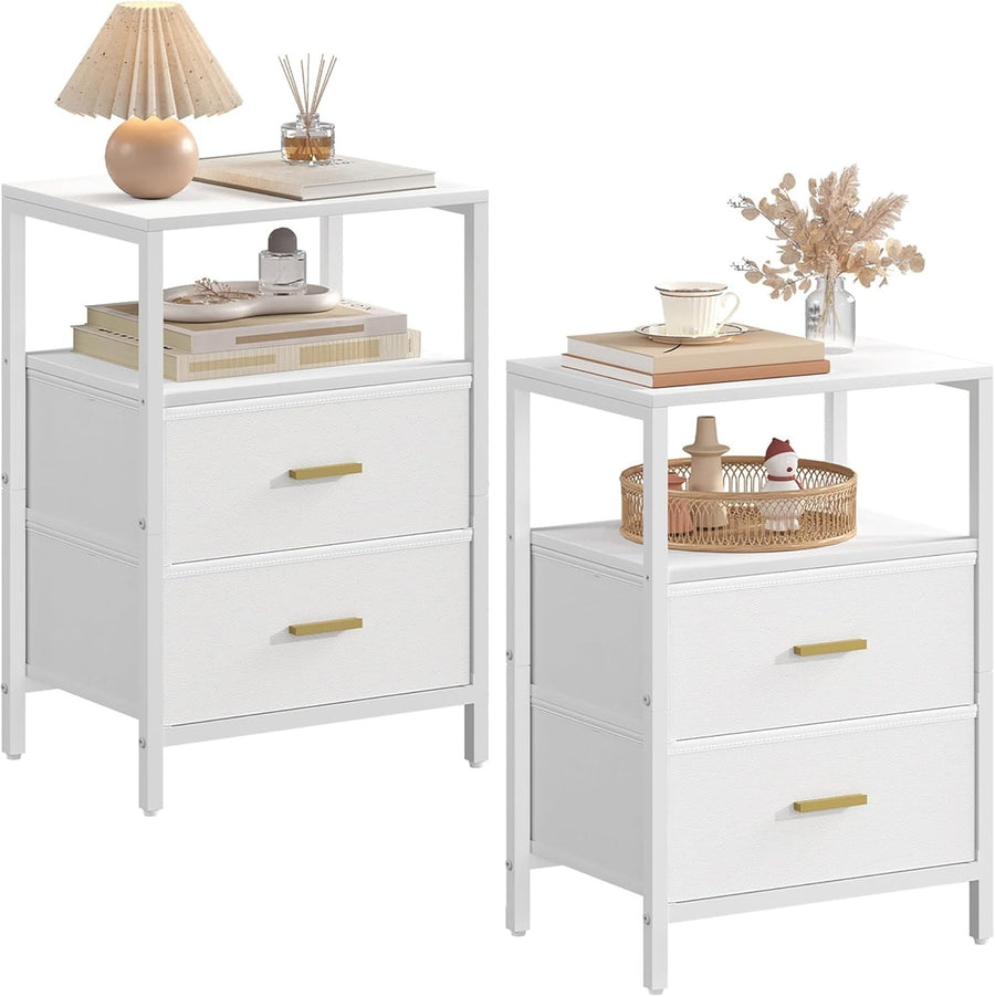 Set of 2 White Bedside Tables with Drawers & Shelf – Modern Storage Nightstands