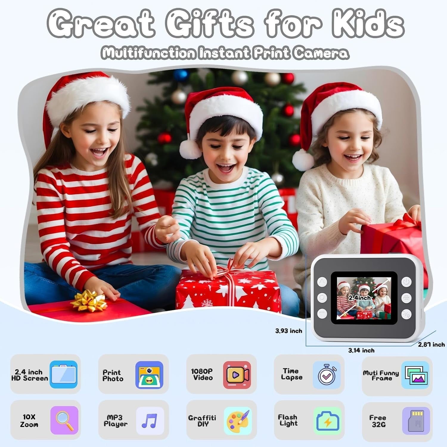 Kids Instant Print Camera 1080P HD 32GB Card Photo Paper Toy White