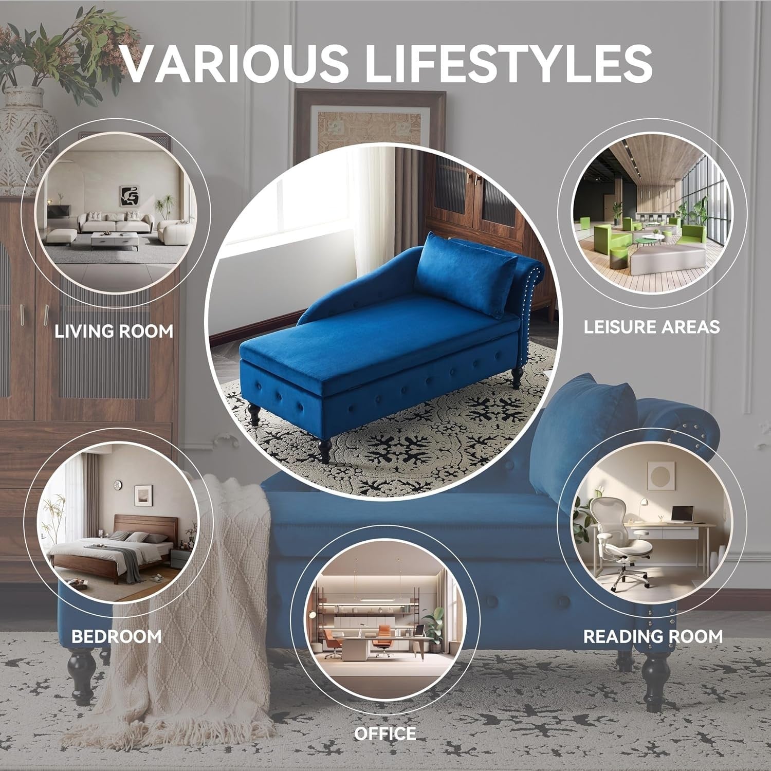 Velvet Chaise Lounge Sofa with Storage Button-Tufted Ergonomic Couch Blue