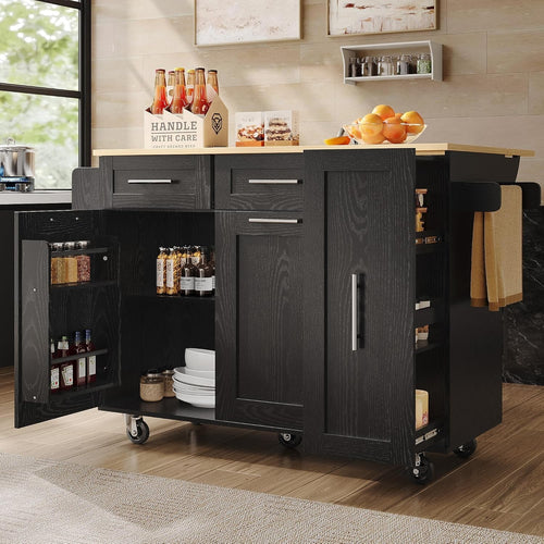 Black Kitchen Island Trolley with Foldable Tabletop & Storage 134x46x90cm