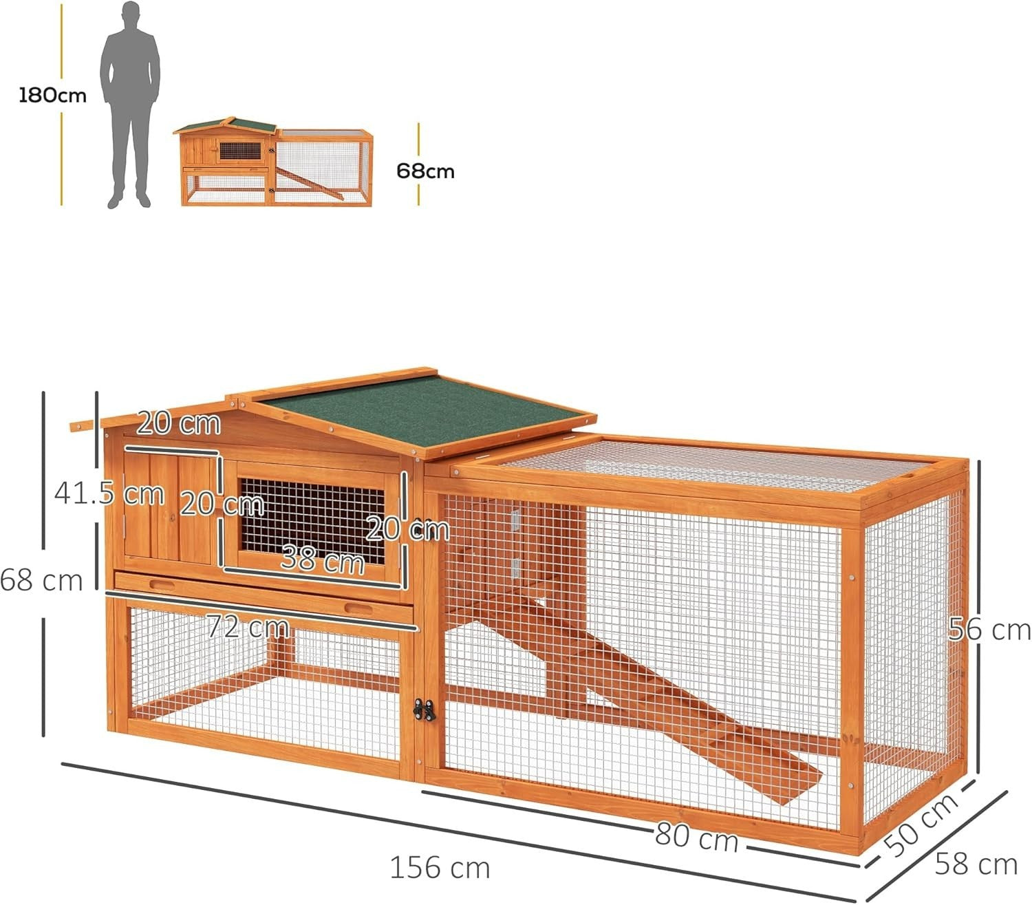 Wooden Rabbit Hutch with Run 156x58x68cm Outdoor Cage