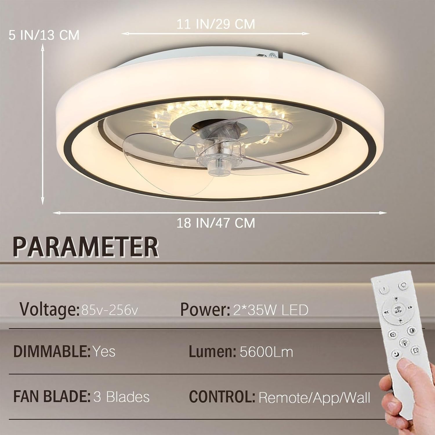 Jenvkoil 11"" Modern Ceiling Fan with LED Light, Remote & App, 6-Speed