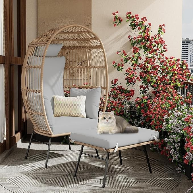 Luxury Rattan Egg Chair with Ottoman Outdoor Indoor Garden Seat Grey Cushion