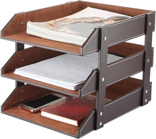 Luxury 3-Tier Leather Desk Organizer Tray for Documents, Magazines & Office