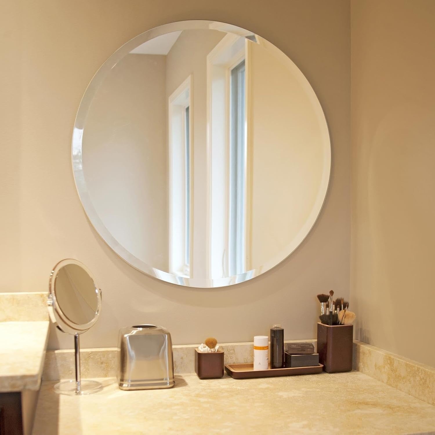 Frameless Round Bathroom Wall Mirror 71x71 cm Beveled Edge Accent