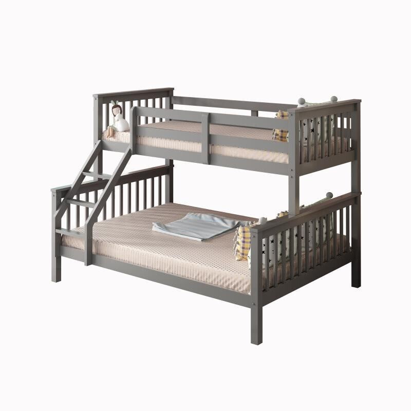 Kids Grey Bunk Bed 3FT Single Over 4FT6 Double Wooden Trio Bed Frame