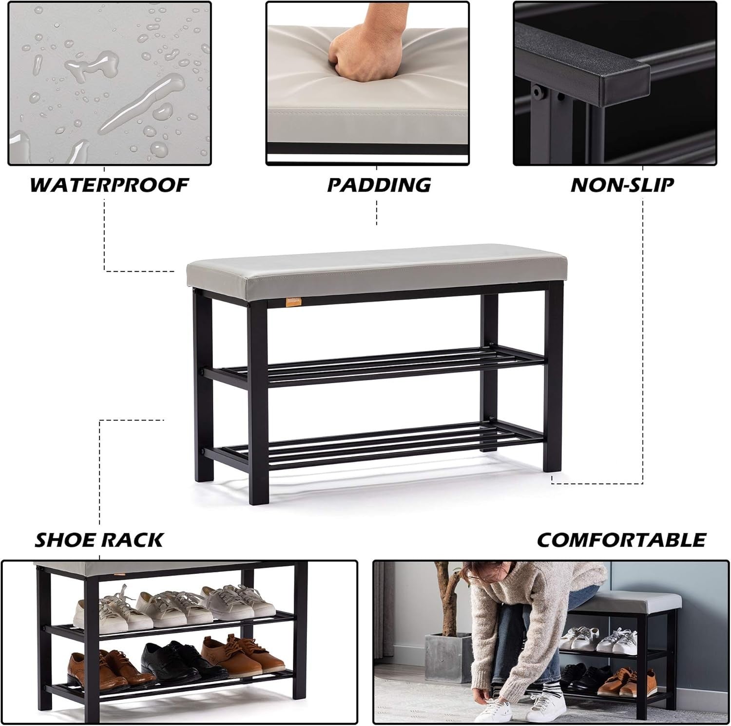 Light Grey Faux Leather Shoe Storage Bench – 3-Tier Hallway Seat Rack
