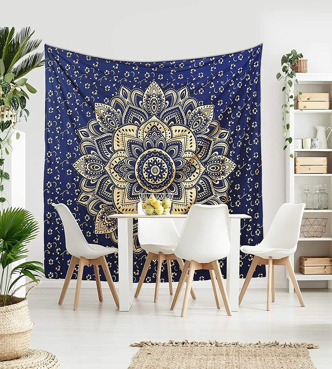 Boho Blue Gold Mandala Tapestry 52x82" Cotton Wall Hanging