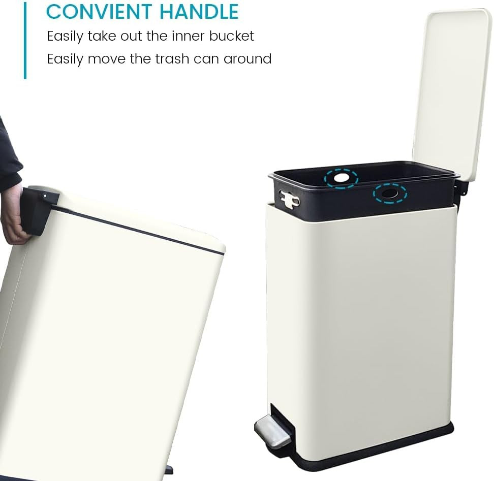 45L White Stainless Steel Pedal Bin Slim Kitchen Soft Close Lid