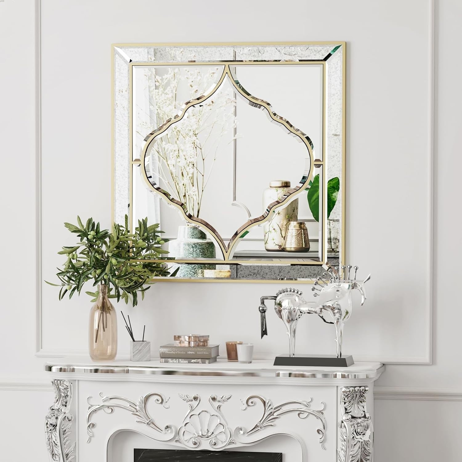Luxury Gold Wall Mirror 60x60cm Clear Glass Beveled Frame for Hallway