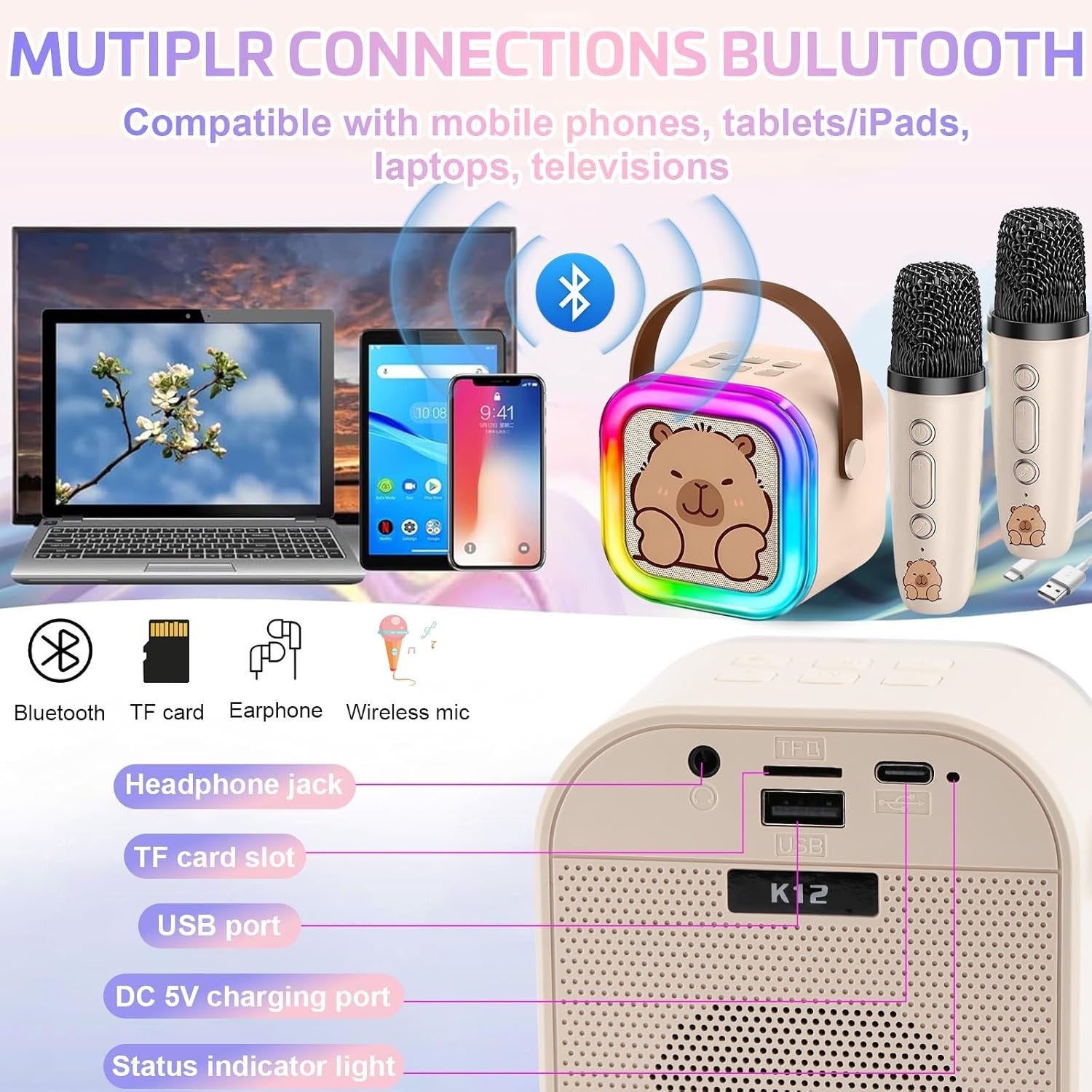 Kids Karaoke Machine 2 Wireless Mics Bluetooth LED Speaker