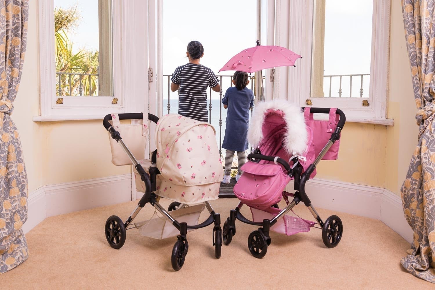 2in1 Dolls Pram Pink Carrycot & Pushchair Foldable Adjustable Handle