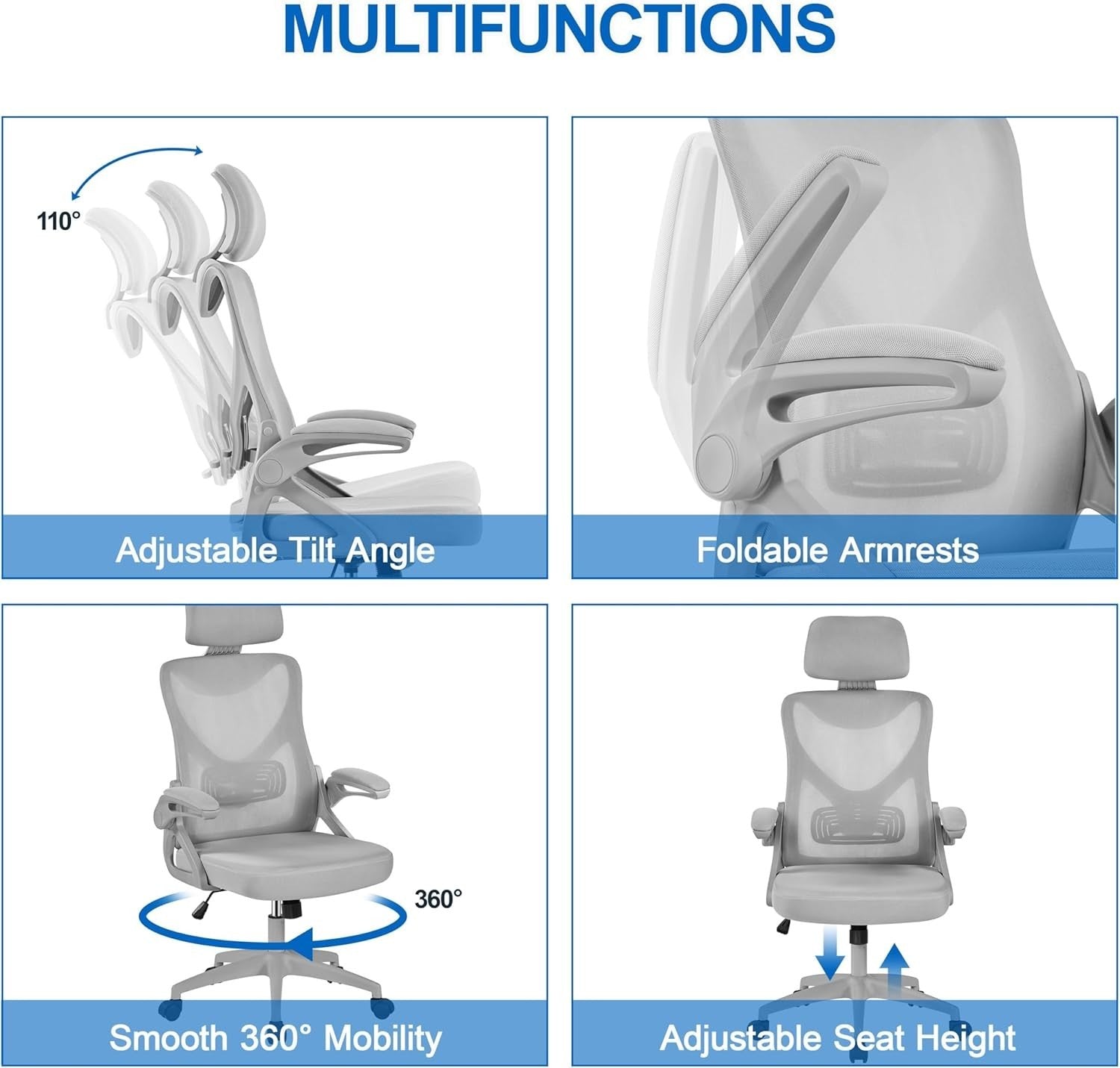 Ergonomic Mesh Office Chair Cushion Seat Headrest Adjustable Lumbar Support Grey