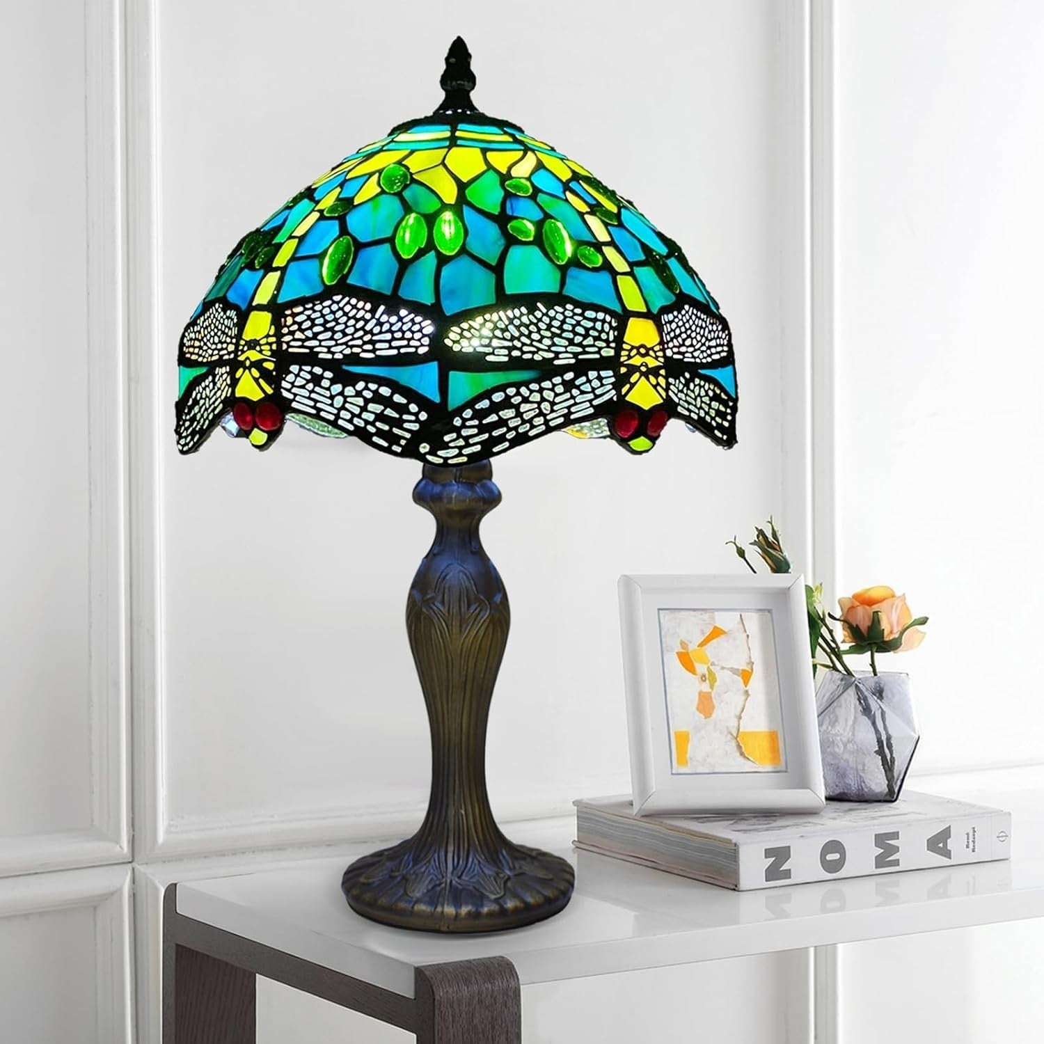 Tiffany Style Table Lamp Green Dragonfly Stained Glass 42cm E27