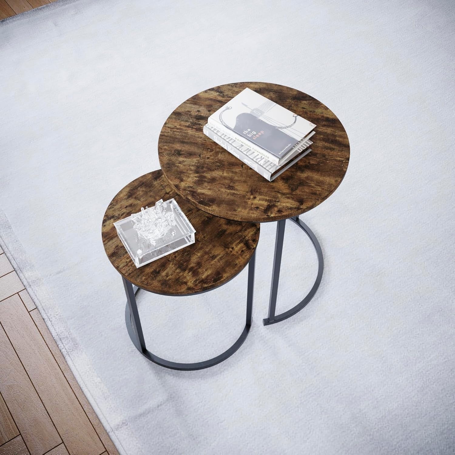 Set of 2 Industrial Nesting End Tables Wood Metal Frame Dark Coffee Side Modern