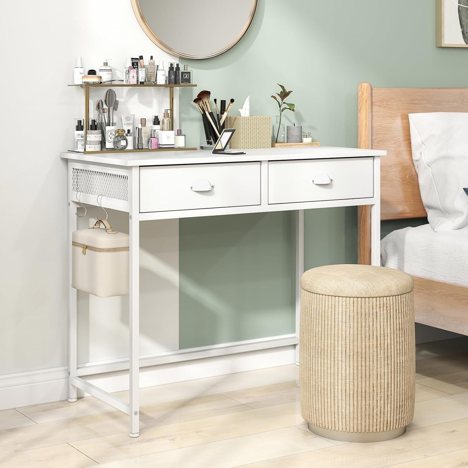 Computer Desk with Drawers White Home Office Study Table Hooks Storage