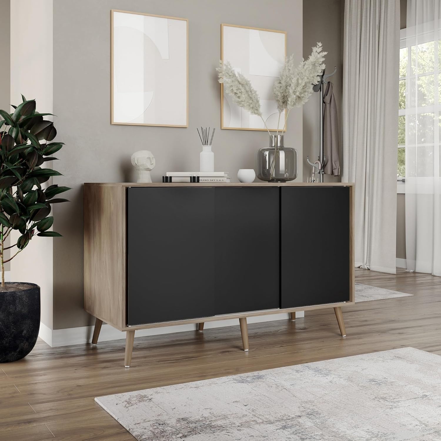 3-Door Sliding Sideboard Cabinet with Wooden Legs Modern Storage Cupboard