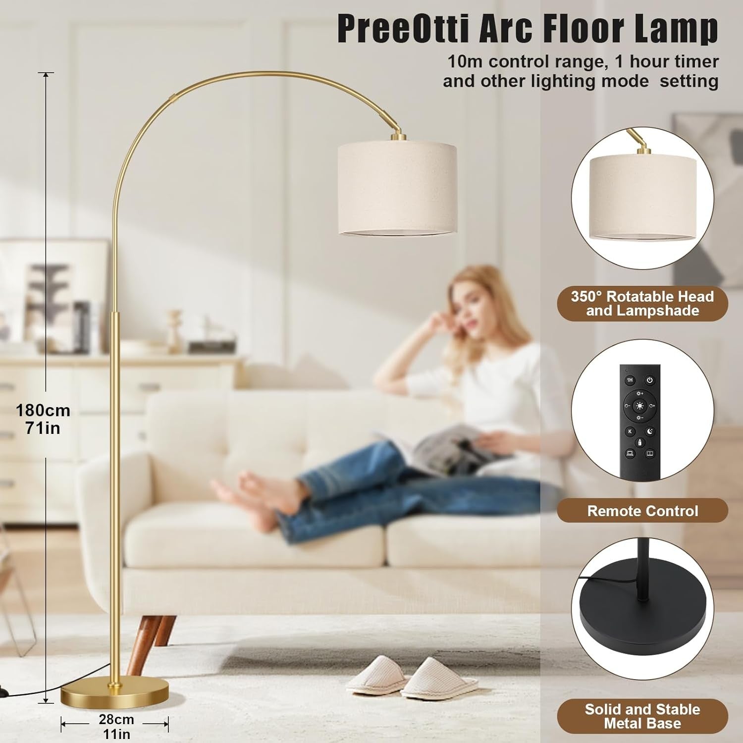 Gold Arc Floor Lamp Remote Dimmable Corner Standing Light Modern Tall Lamp