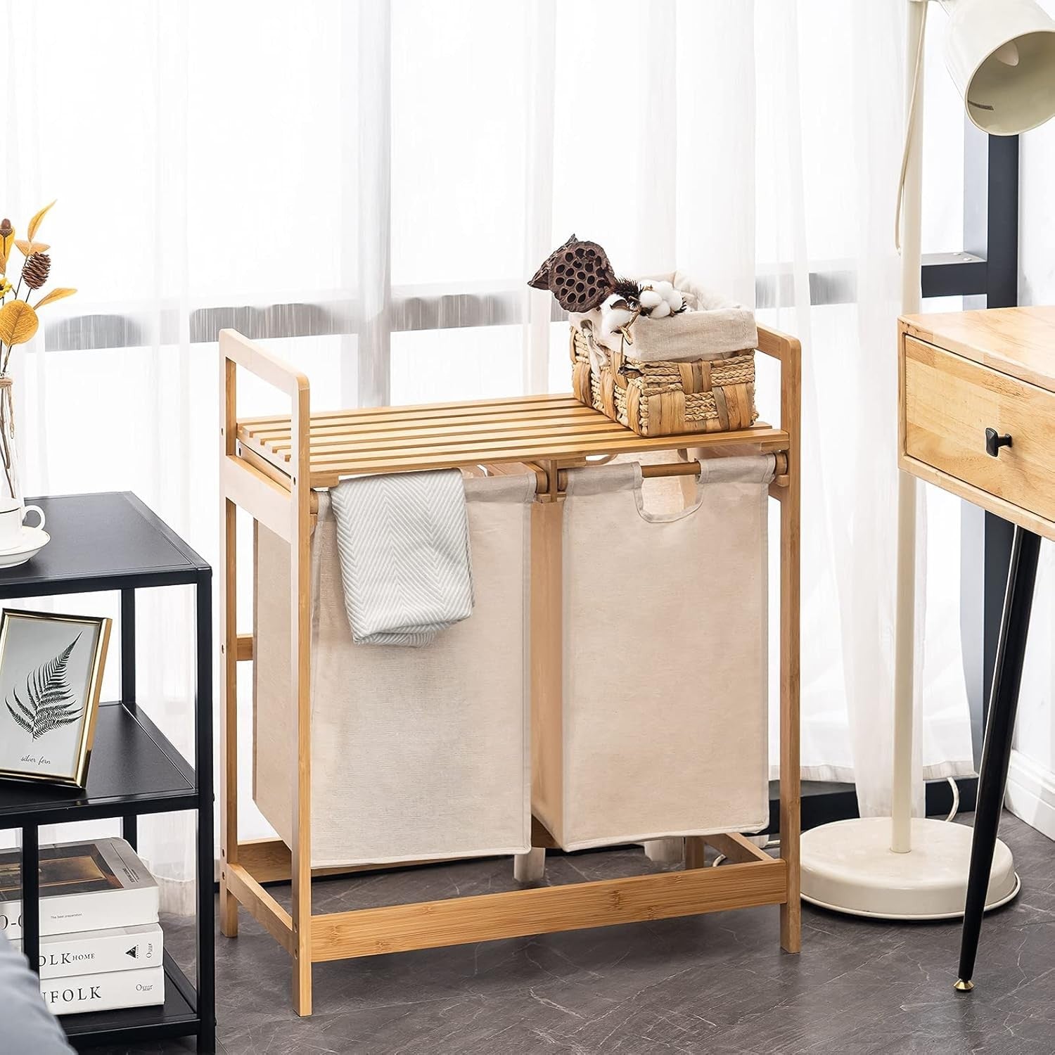 Bamboo Laundry Hamper with 2 Pull-Out Bags & Shelf Dual Laundry Sorter 73x64cm
