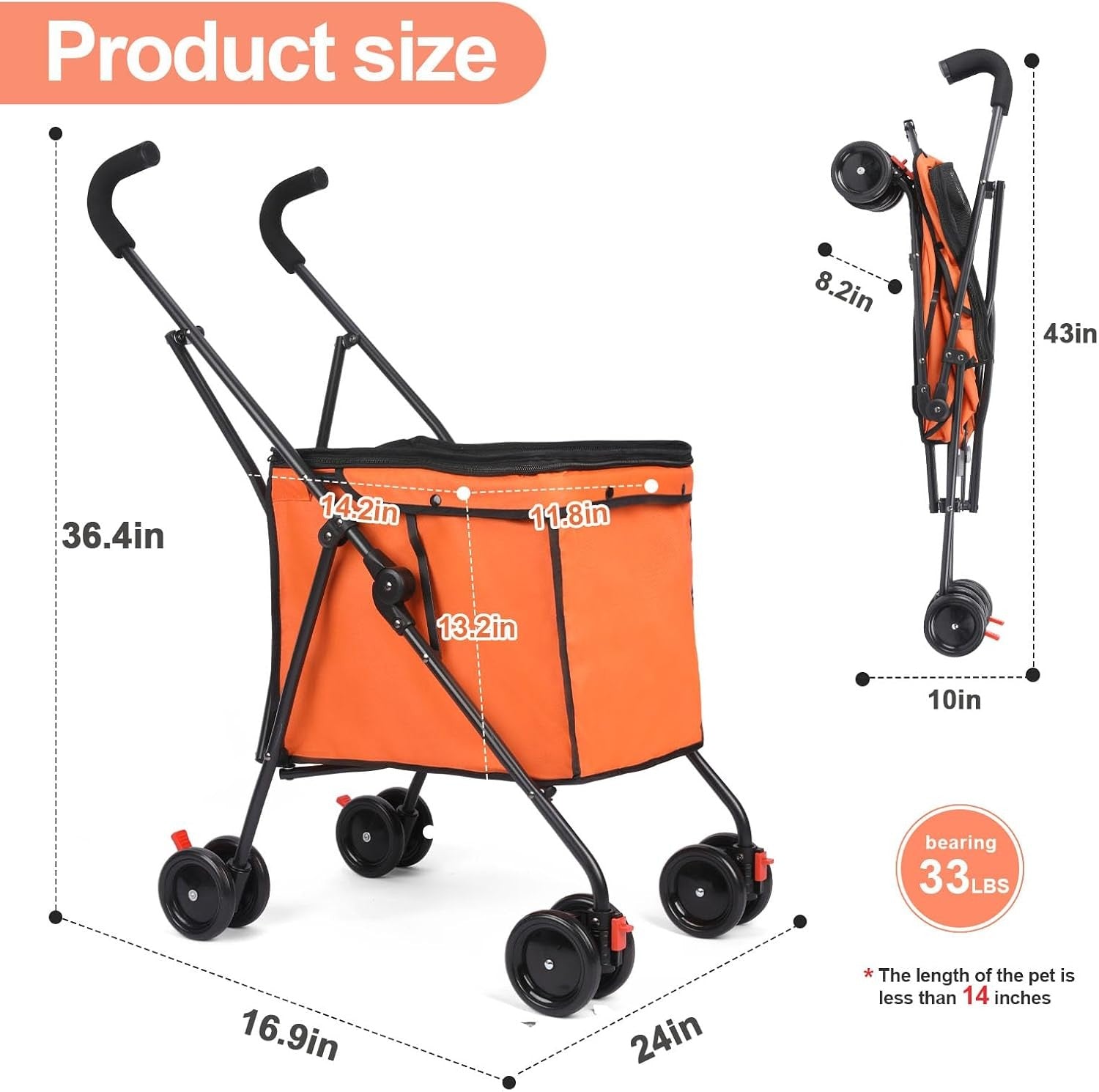 Orange Foldable Pet Stroller Shopping Cart 60lb Heavy Duty Utility Wagon