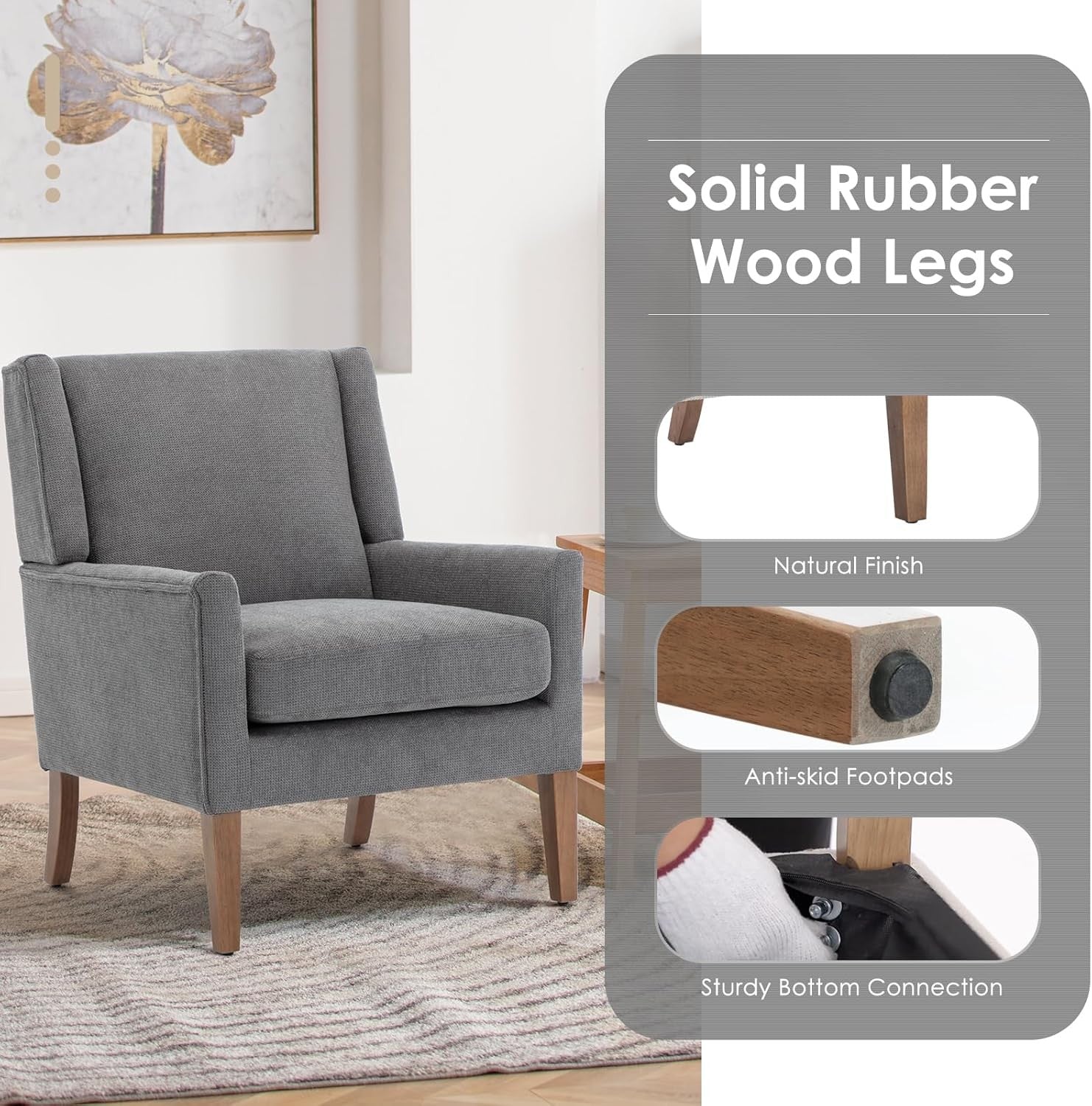 Grey Wingback Accent Armchairs Set of 2 Upholstered Wood Legs