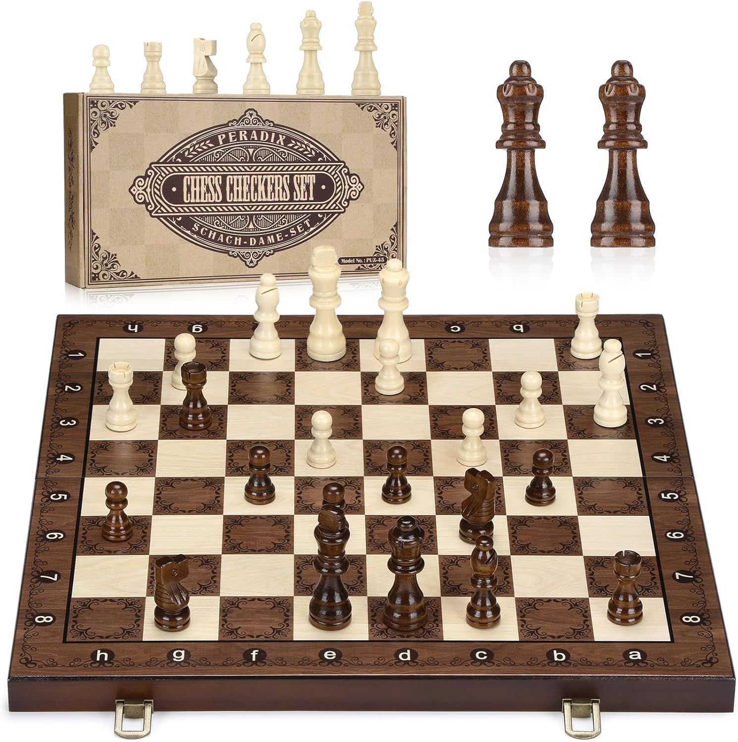 38cm Wooden Magnetic Folding Chess Set with Extra Queens & Storage Case