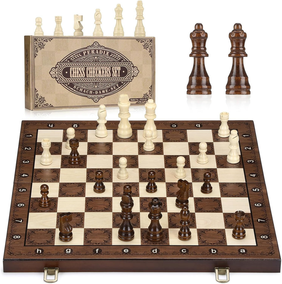 38cm Wooden Magnetic Folding Chess Set with Extra Queens & Storage Case