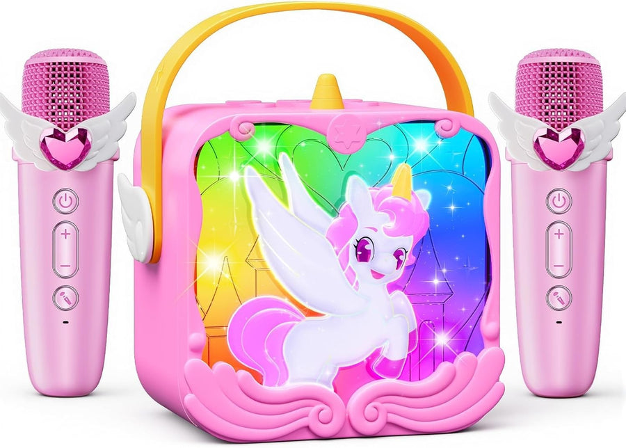 Unicorn Karaoke Machine Kids Bluetooth Speaker 2 Mics LED Lights