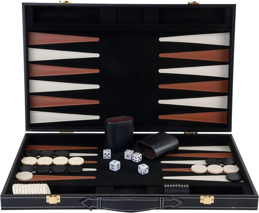 18 Inch Backgammon Set Leather Case Deluxe Folding Board Game Dice Cups