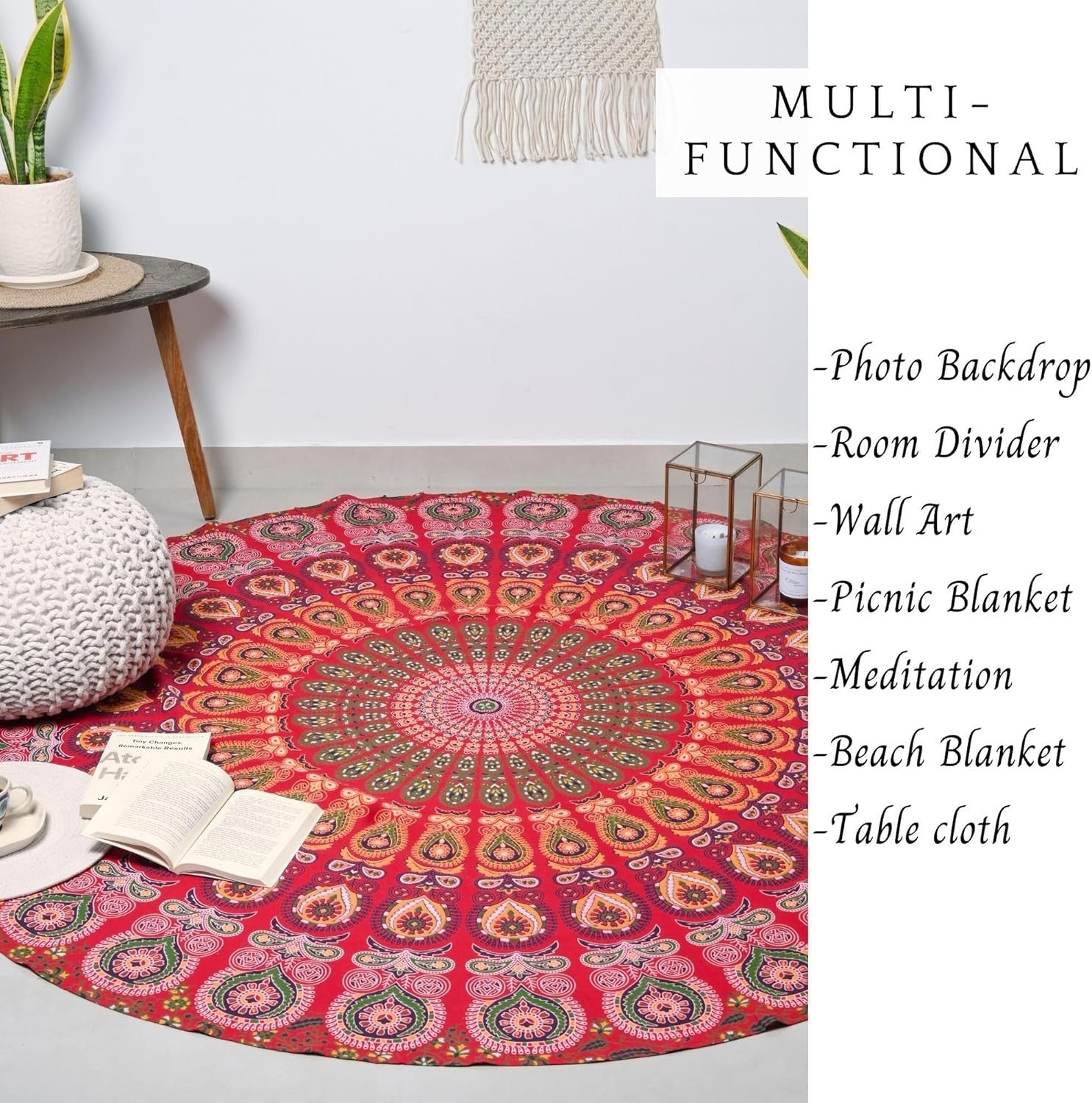 Round Peacock Mandala Tapestry 72in Boho Wall Hanging Cotton