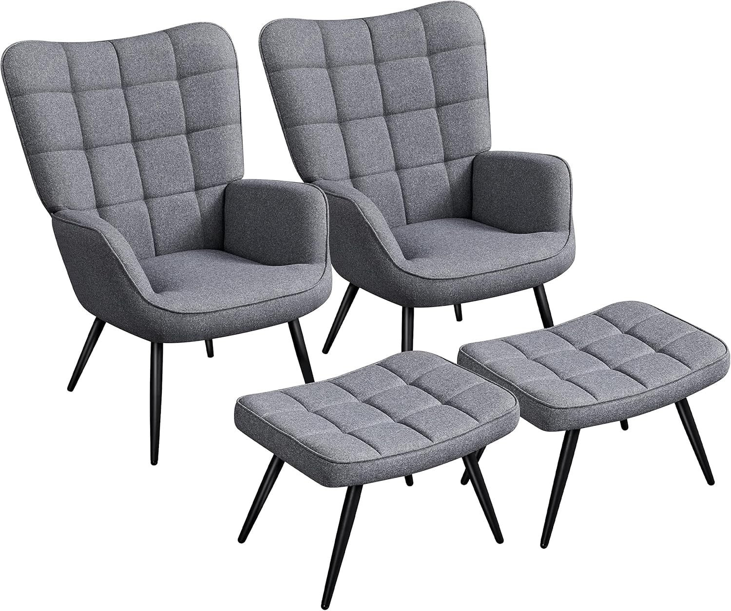 Modern Gray Linen Accent Armchair with Ottoman, High Back & Metal Legs Set