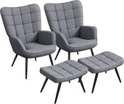 Modern Gray Linen Accent Armchair with Ottoman, High Back & Metal Legs Set