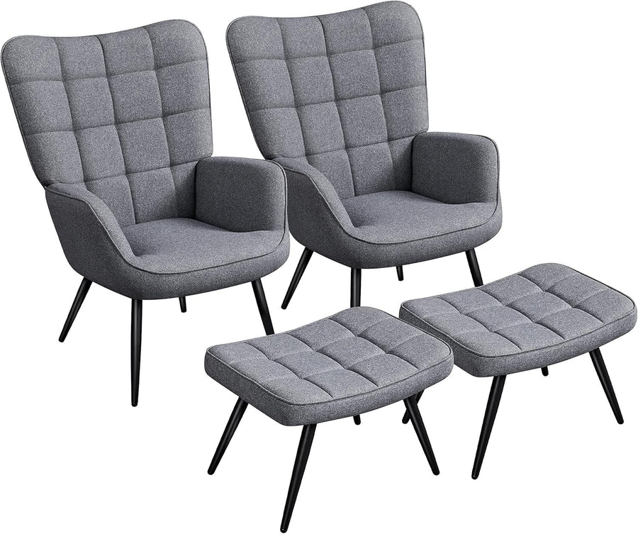 Modern Gray Linen Accent Armchair with Ottoman, High Back & Metal Legs Set